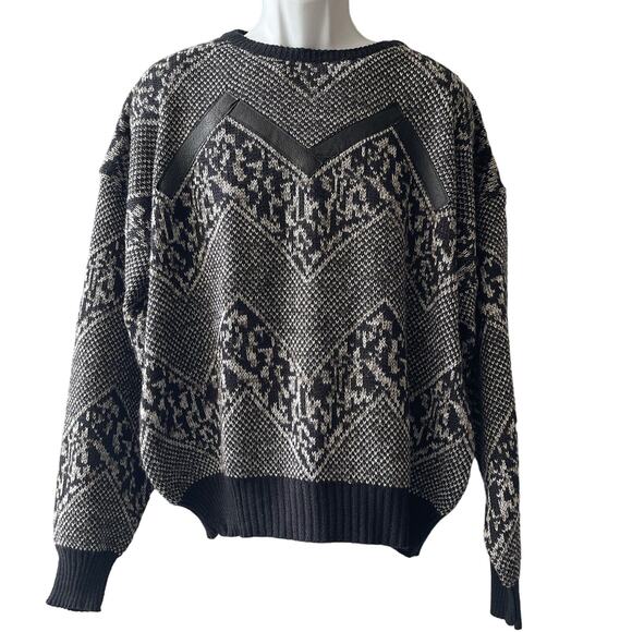 VINTAGE 80s Uniform Code Men's Patterned Sweater with Leather Trim Size XL - Picture 1 of 5